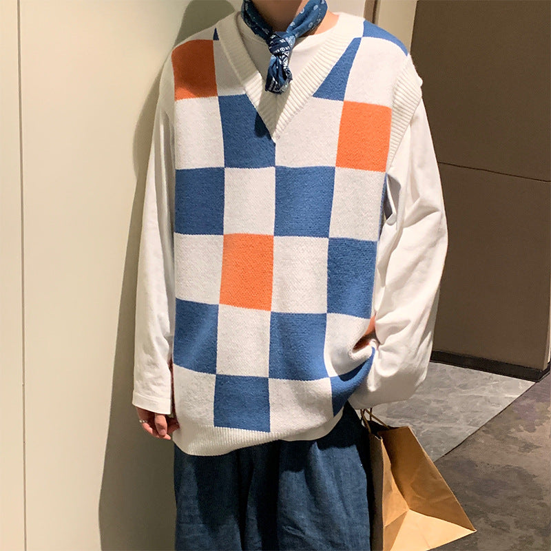 Men's V-Neck Knitted Plaid Sweater Vest