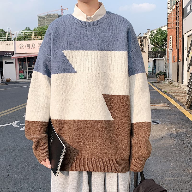 Color Block Loose Round Neck Sweater for Men