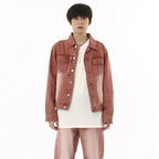 Retro Brick Red Denim Jacket with Stitching Trousers