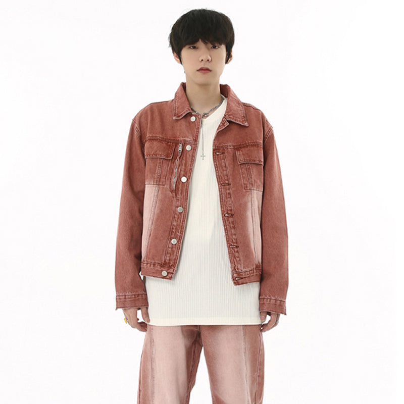 Retro Brick Red Denim Jacket with Stitching Trousers