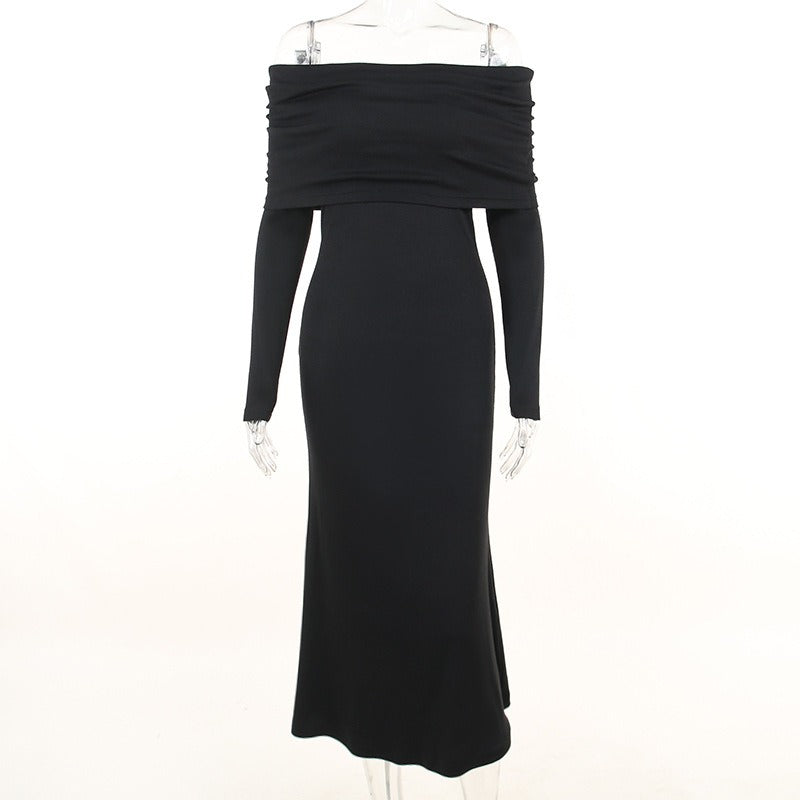 Knitted Off-Shoulder Long Sleeve Fishtail Dress