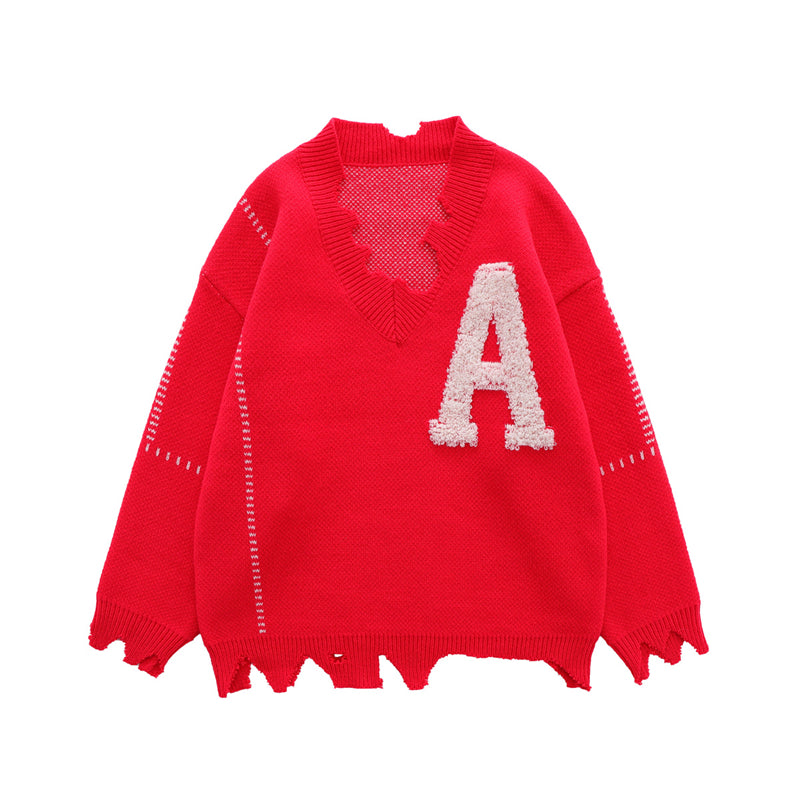 V Neck Embroidered Frayed Hem Sweater for All Seasons