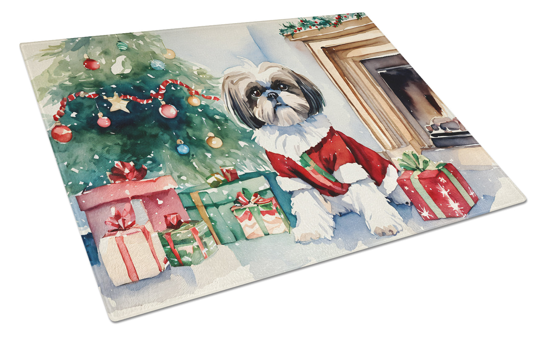 Shih Tzu Cozy Christmas Glass Cutting Board