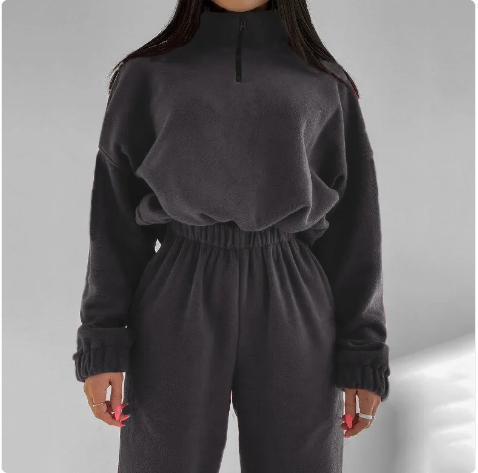 Loose Zip Stand Collar Sweater Set