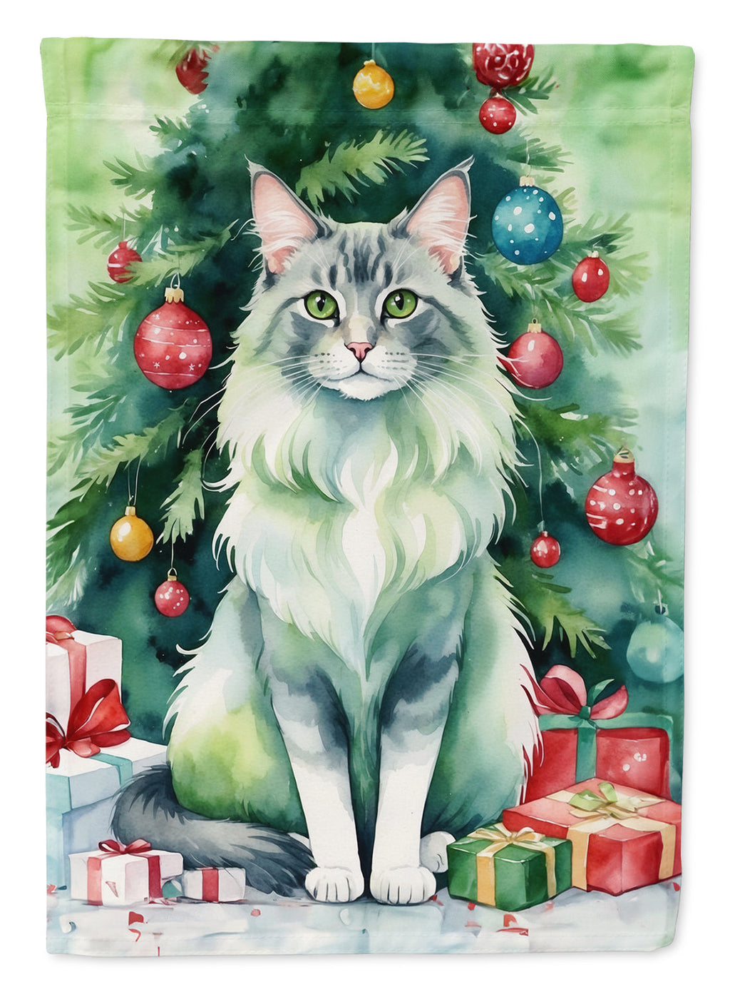 Oriental Longhair Cat By the Christmas Tree Garden Flag