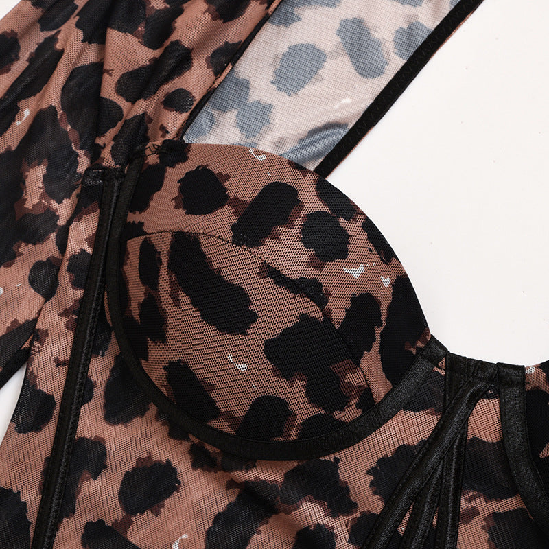 Autumn Leopard Print Push-Up Long-Sleeve Bodysuit