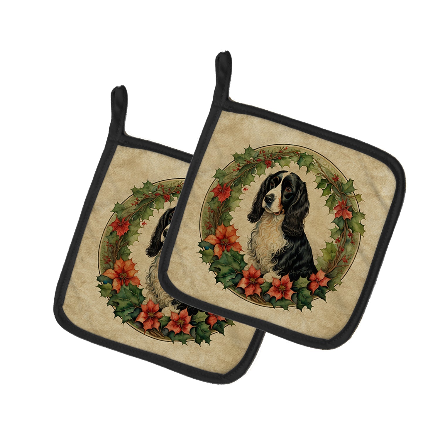 Welsh Springer Spaniel Christmas Flowers Pair of Pot Holders
