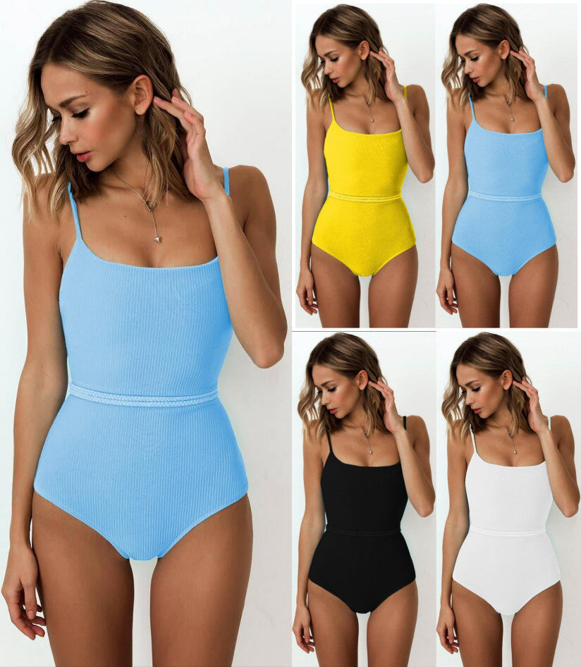 One-Piece Swimsuit with Special Fabric Belt Bikini