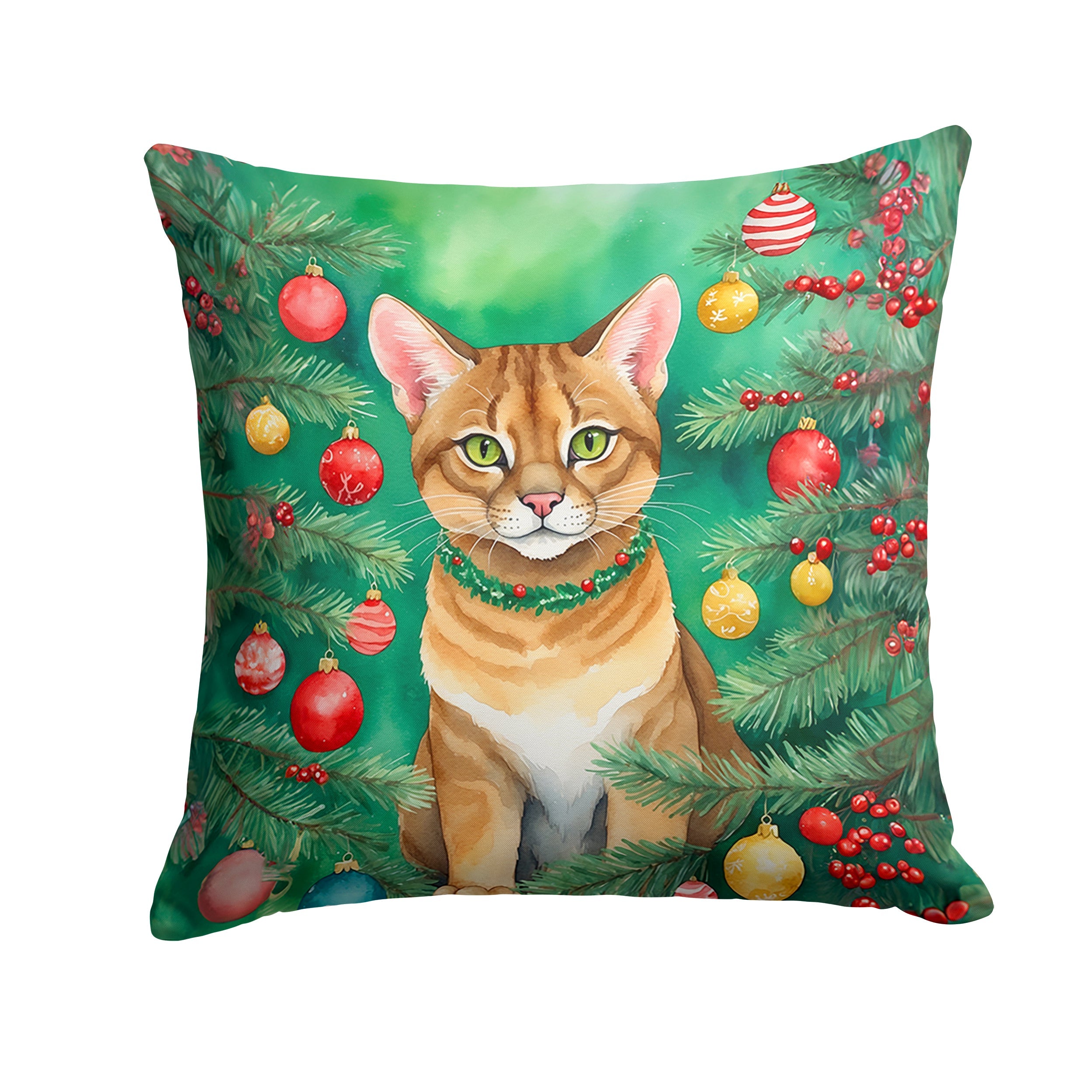 Chausie Cat By the Christmas Tree Throw Pillow