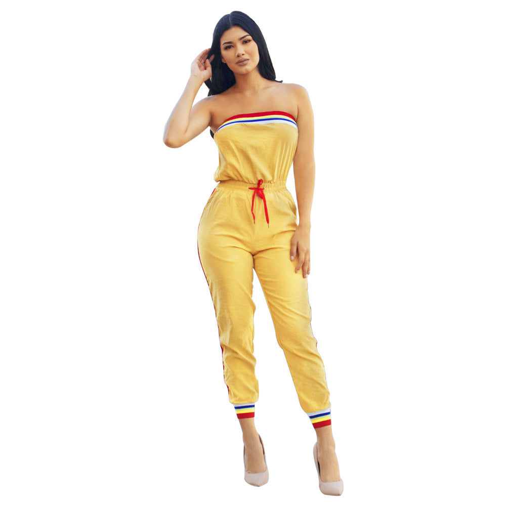 Striped Corset Jumpsuit with Waist Tie (One Piece)