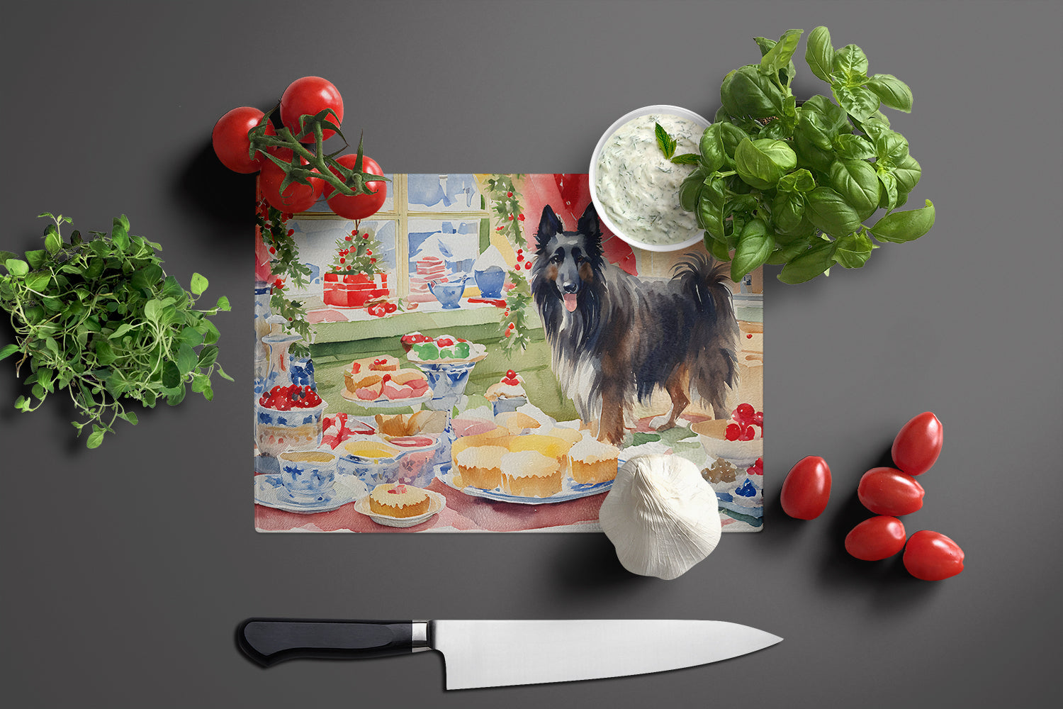 Belgian Sheepdog Christmas Cookies Glass Cutting Board