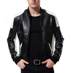 Color Block Stand Collar Leather Coat
