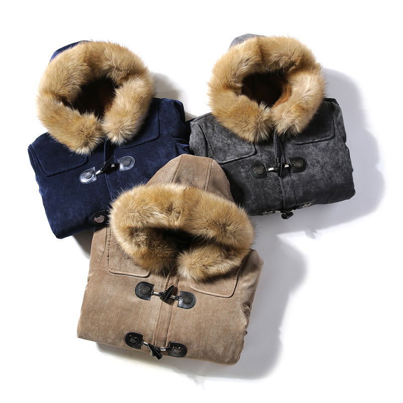 Men's Velvet Leather Coat with Furry Collar and Horn Buckle