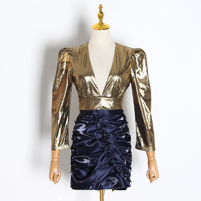 Stylish V-Neck Crop Top & High-Waisted Skirt Set