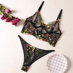2023 Black Floral Embroidered Lace Bralette & Panty Set