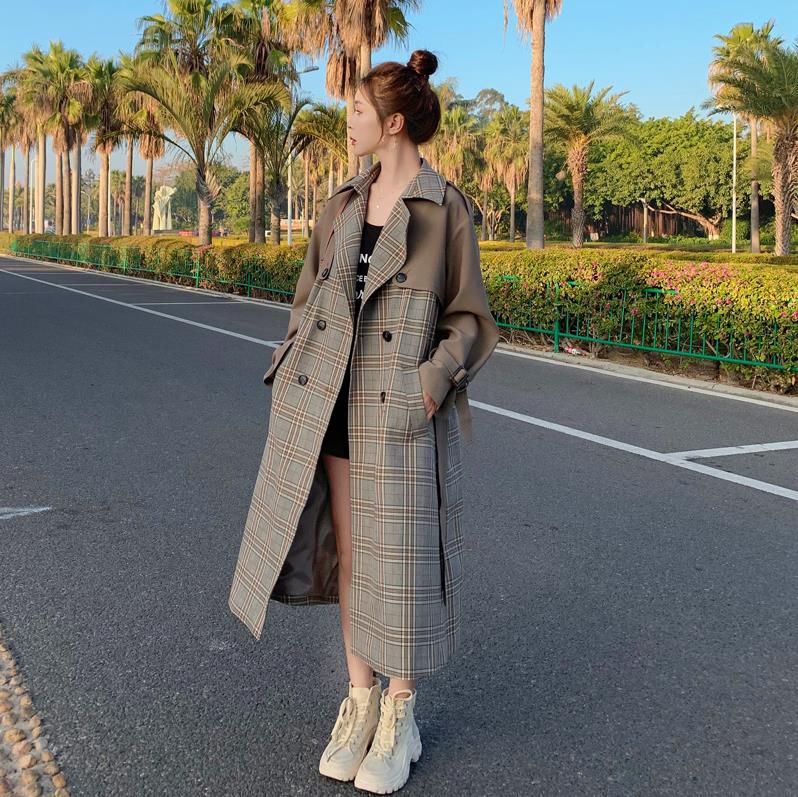 Retro Plaid Women's Mid-Length Loose Windbreaker Jacket