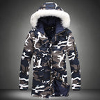 Camouflage Mid-Length Padded Coat with Fur Collar