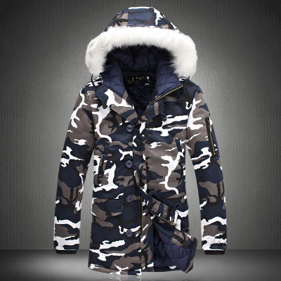 Camouflage Mid-Length Padded Coat with Fur Collar