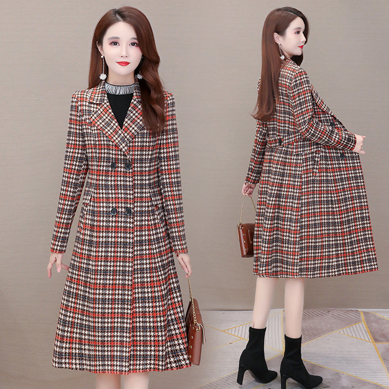 Plaid Lapel Casual Long Coat in European and American Style