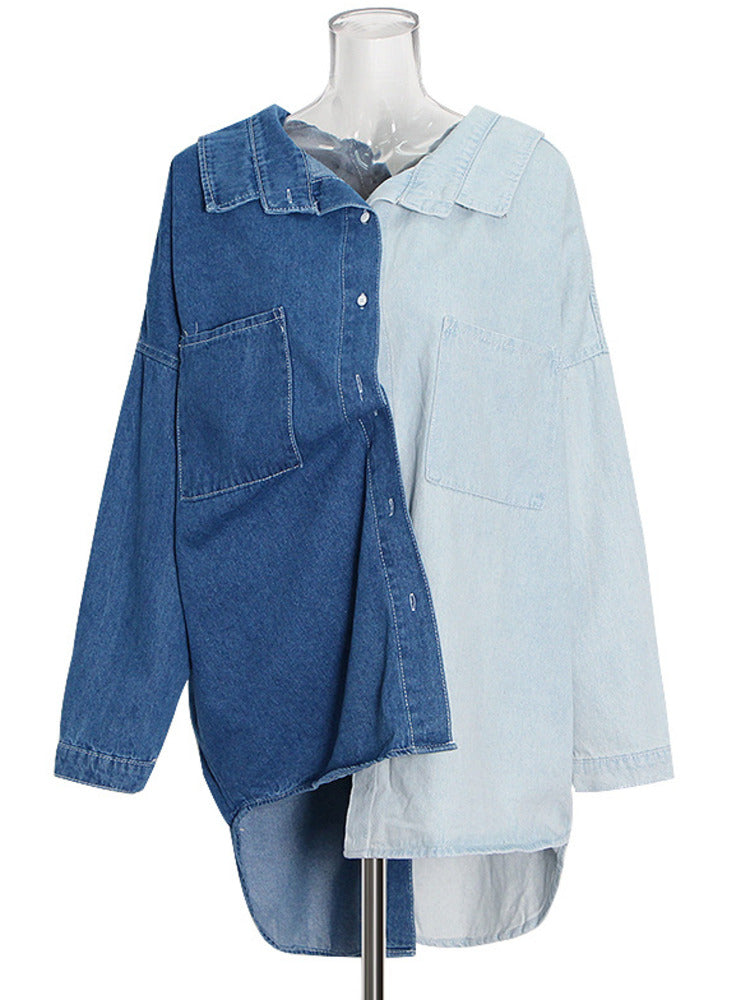 2024 Women's Color Block Denim Shirt Jacket (Plus Size)