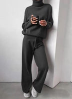 Casual Fashion Suits For Women Turtleneck Sweater And Drawstring Straight Pants