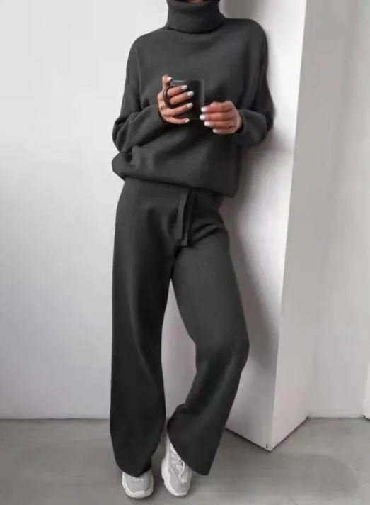 Casual Fashion Suits For Women Turtleneck Sweater And Drawstring Straight Pants