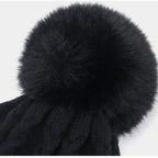 Warm Fleece-Lined Slouchy Knit Beanie with Pompom | Embroidered Cap