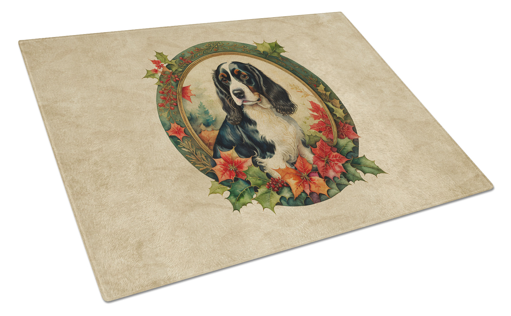 English Springer Spaniel Christmas Flowers Glass Cutting Board