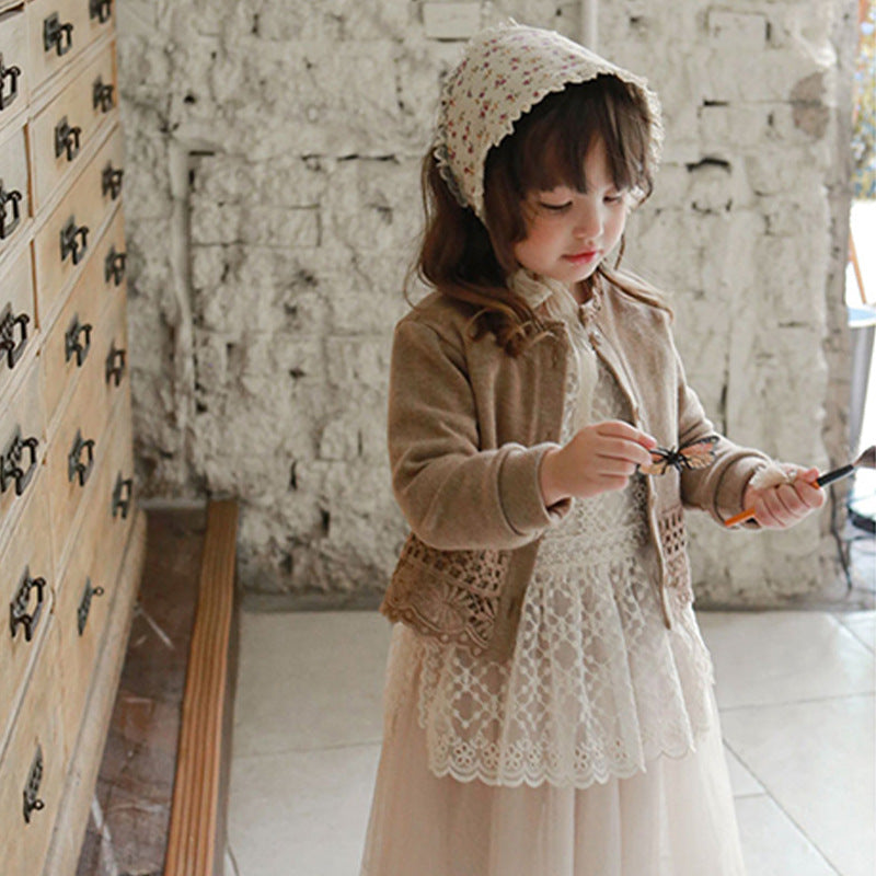Korean Girl's Long Sleeve Knit Top with Lace Design
