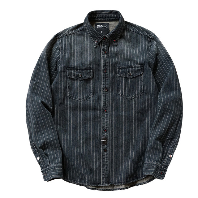 Retro Striped Denim Shirt - Long Sleeve Casual Coat