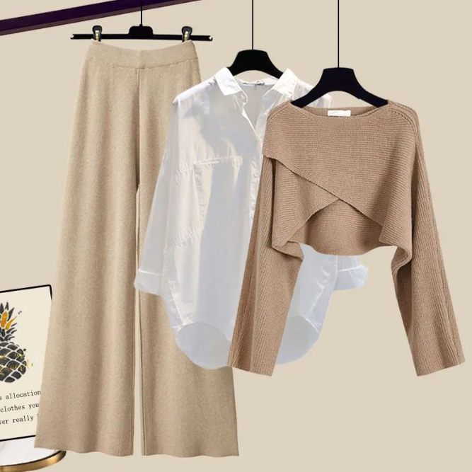 3pcs Knitted Sweater & Wide-Leg Pants Set