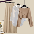 3pcs Knitted Sweater & Wide-Leg Pants Set