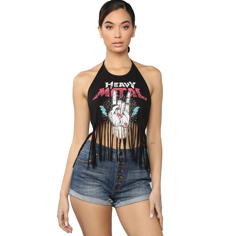 Backless Fringe Print Halter Top - Summer 2019 Trend