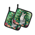 European Shorthair Cat By the Christmas Tree Pair of Pot Holders