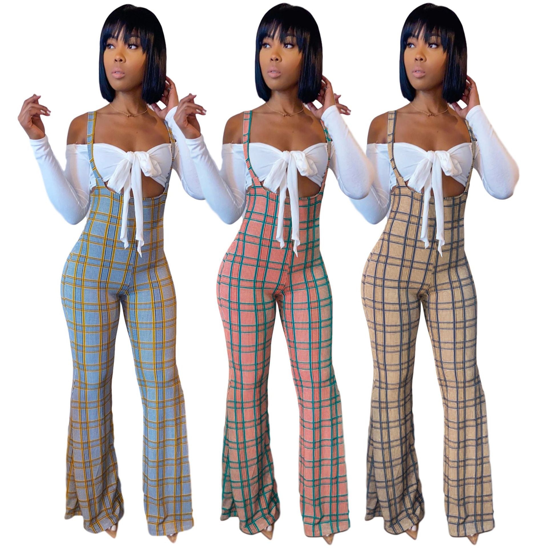 B2009 Checkered Print Bodysuit Two-Piece Set