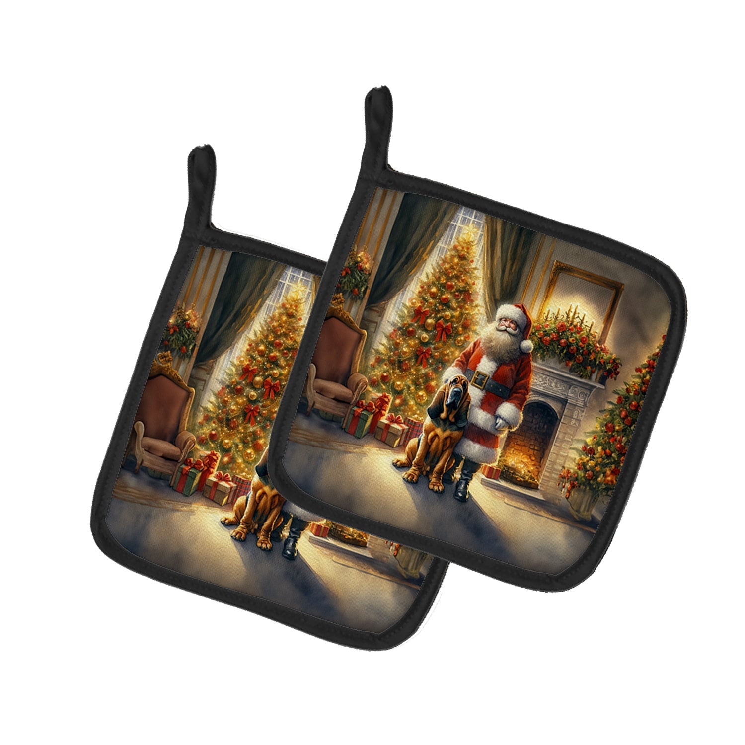 Bloodhound and Santa Claus Pair of Pot Holders