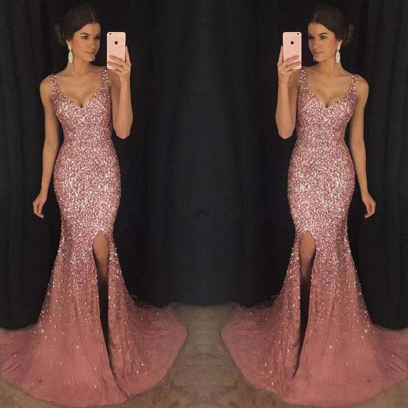 Sexy Deep V Sequin Long Dress with Spaghetti Straps