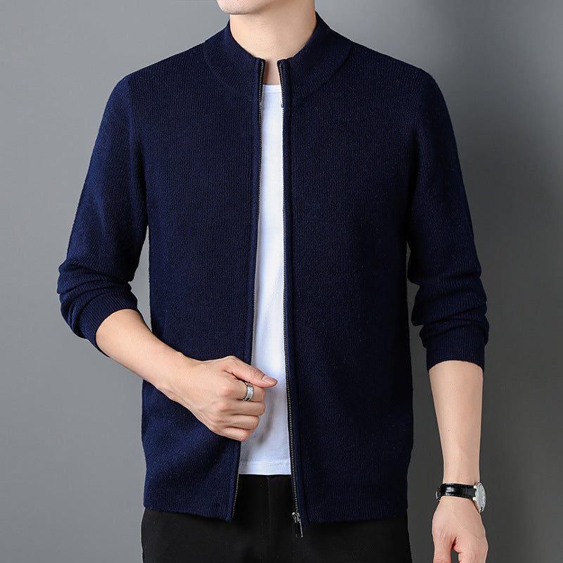 Solid Color Stand Collar Zipper Knitted Cardigan
