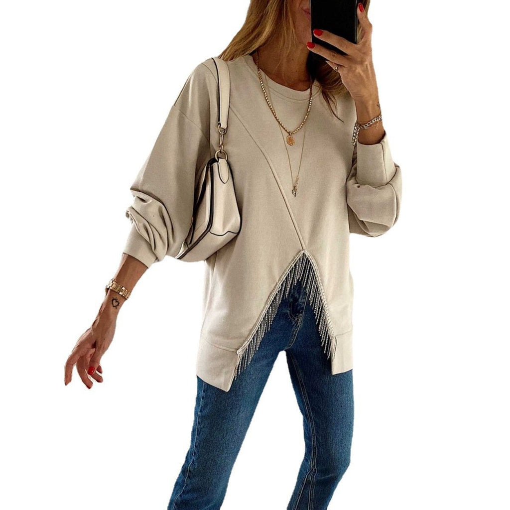 Women's Casual Long Sleeve Split Tassel Sweater Top