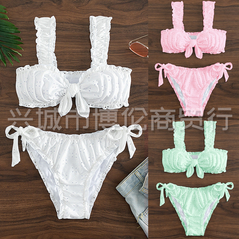 Cute Solid Color Ruffled Bow Two-Piece Bikini Set