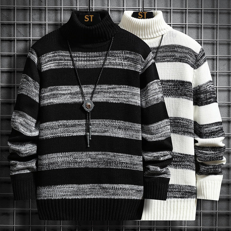 Men's High-Neck Striped Sweater for Autumn and Winter