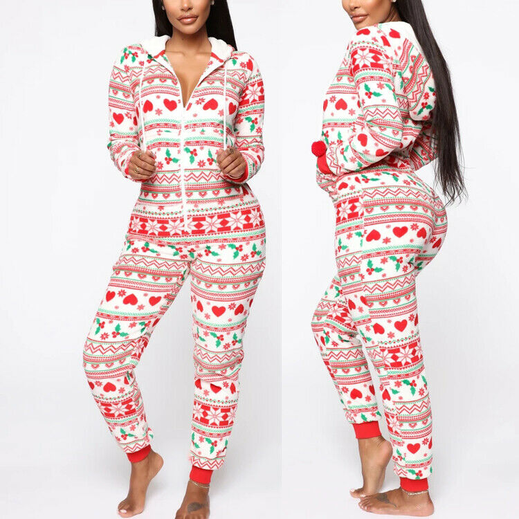 2020 Christmas Print Hooded Jumpsuit for Home Wear