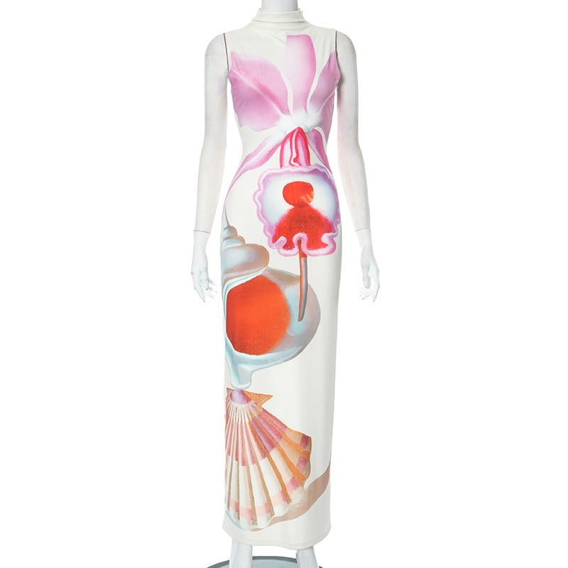 Printed Half Turtleneck Slim Fit Sleeveless Dress