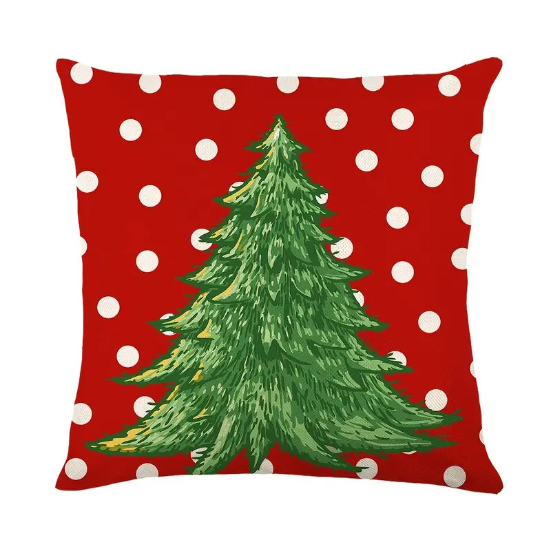 Linen Throw Pillow Case with Christmas Hat & Tree Print | Embroidered Cap