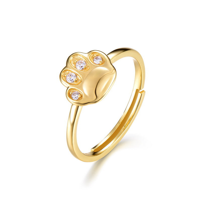 Silver Cat Paw Open Ring with Zircon