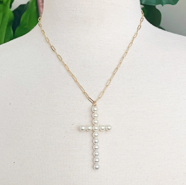 Pearl Cross Pendant Paperclip Chain Necklace
