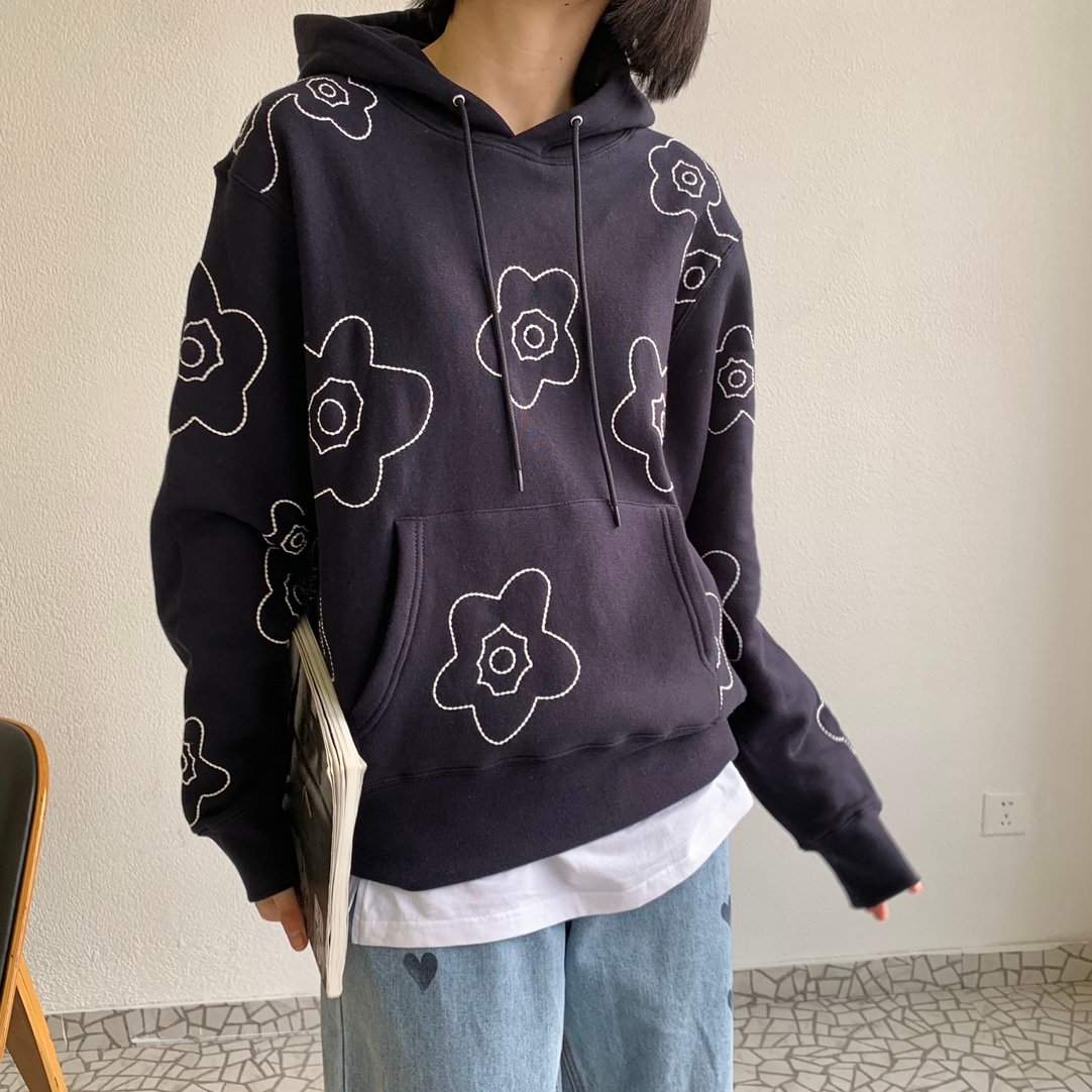 Unisex Couple Simple Flower Embroidery Hoodie | Streetwear