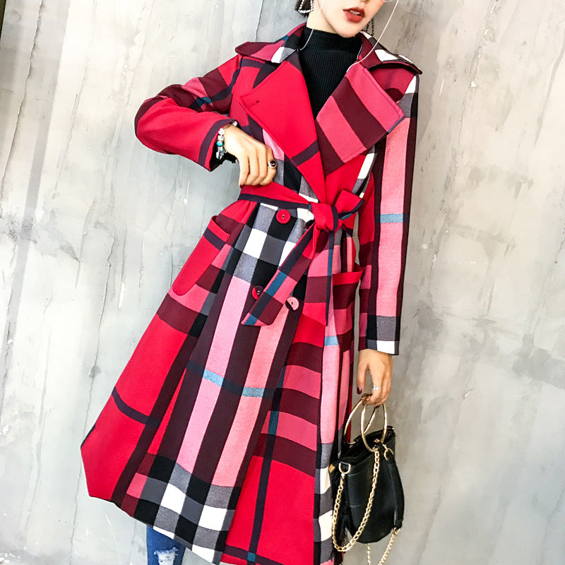 Women's Mid-Length Color-Block Retro Lapel Jacket