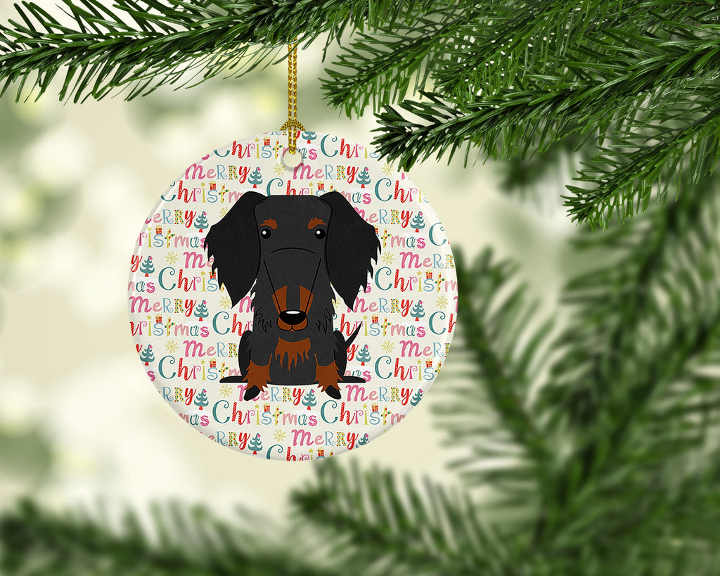 Merry Christmas Wire Haired Dachshund Black Tan Ceramic Ornament
