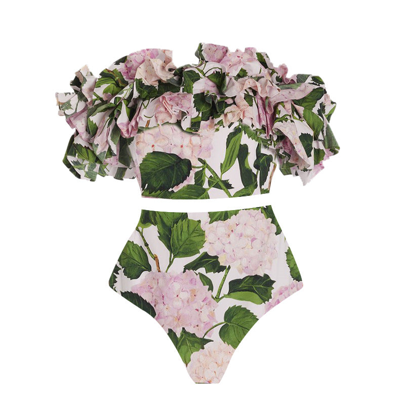 2024 Women's Ruffled Bikini Set with Hydrangea Design